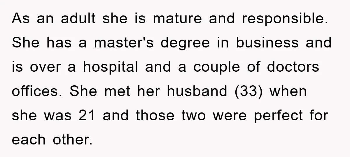 As an adult she is mature and responsible. She has a master's degree in business and is over a hospital and a couple of doctors offices. She met her husband...