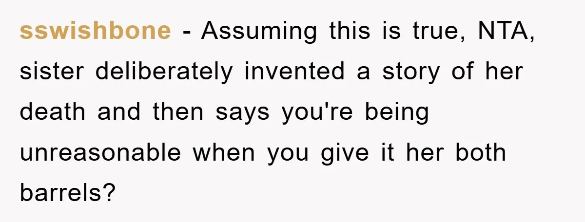 sswishbone − Assuming this is true, NTA, sister deliberately invented a story of her death and then says you're being unreasonable when you give it her both barrels?