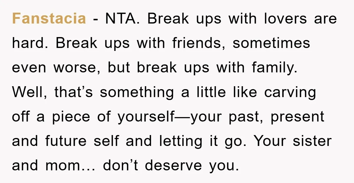 Fanstacia − NTA. Break ups with lovers are hard. Break ups with friends, sometimes even worse, but break ups with family. Well, that’s something a little like carving off a...