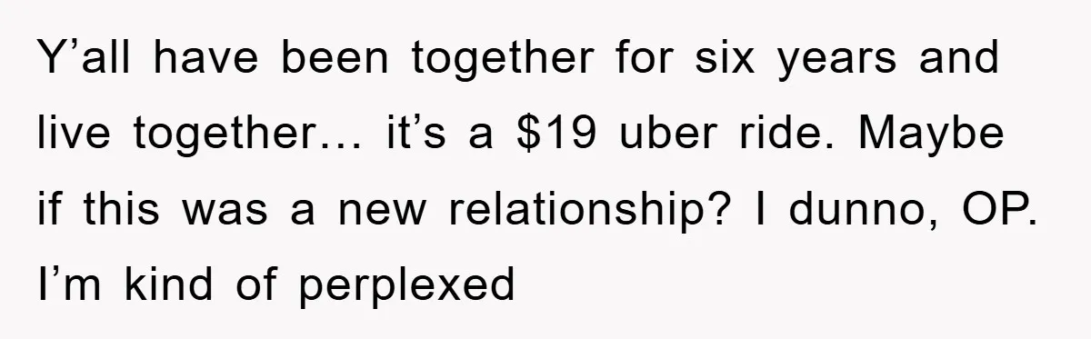 Y’all have been together for six years and live together… it’s a $19 uber ride. Maybe if this was a new relationship? I dunno, OP. I’m kind of perplexed