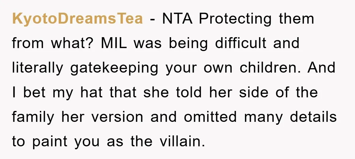 KyotoDreamsTea − NTA Protecting them from what? MIL was being difficult and literally gatekeeping your own children. And I bet my hat that she told her side of the family...