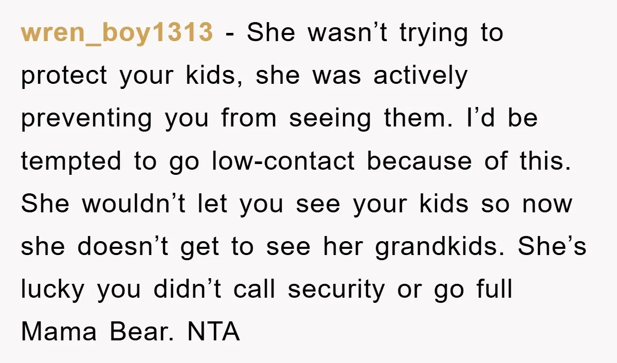 wren_boy1313 − She wasn’t trying to protect your kids, she was actively preventing you from seeing them. I’d be tempted to go low-contact because of this. She wouldn’t let you...
