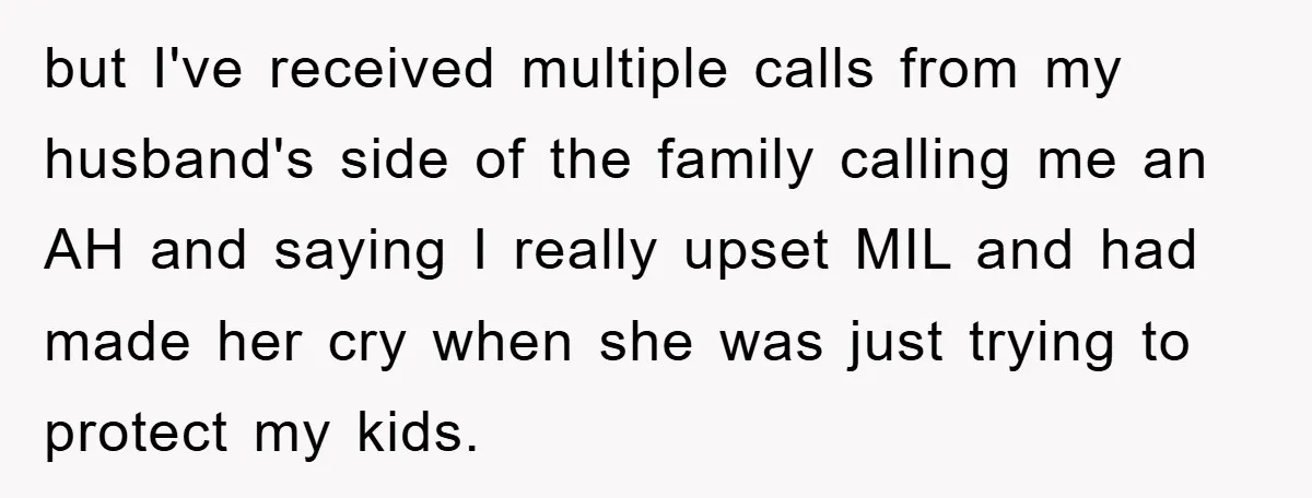 but I've received multiple calls from my husband's side of the family calling me an AH and saying I really upset MIL and had made her cry when she was...
