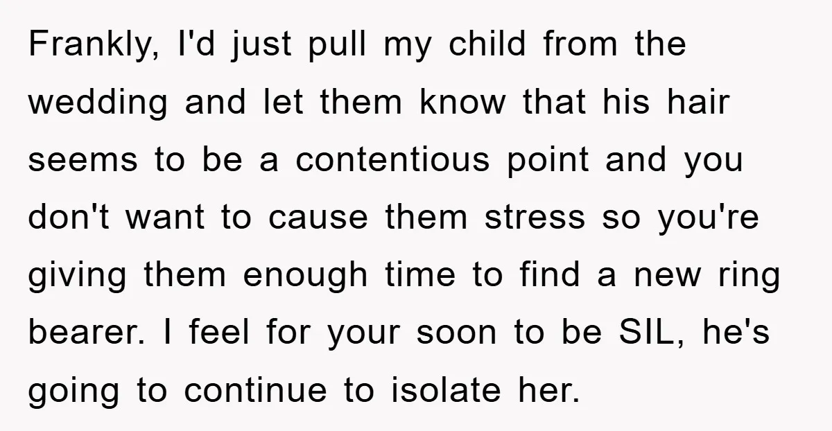 Frankly, I'd just pull my child from the wedding and let them know that his hair seems to be a contentious point and you don't want to cause them stress...