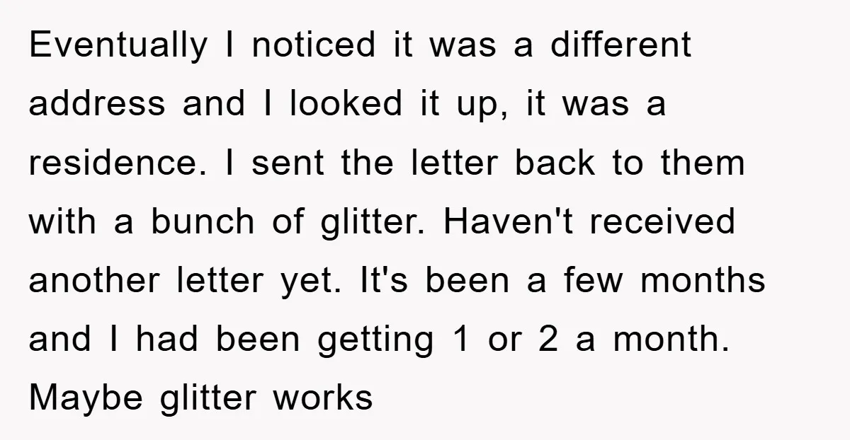 Eventually I noticed it was a different address and I looked it up, it was a residence. I sent the letter back to them with a bunch of glitter. Haven't...