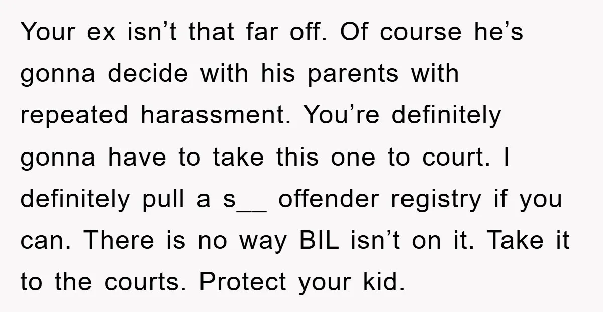 Your ex isn’t that far off. Of course he’s gonna decide with his parents with repeated harassment. You’re definitely gonna have to take this one to court. I definitely pull...