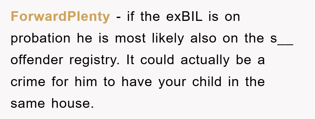 ForwardPlenty − if the exBIL is on probation he is most likely also on the s__ offender registry. It could actually be a crime for him to have your child...