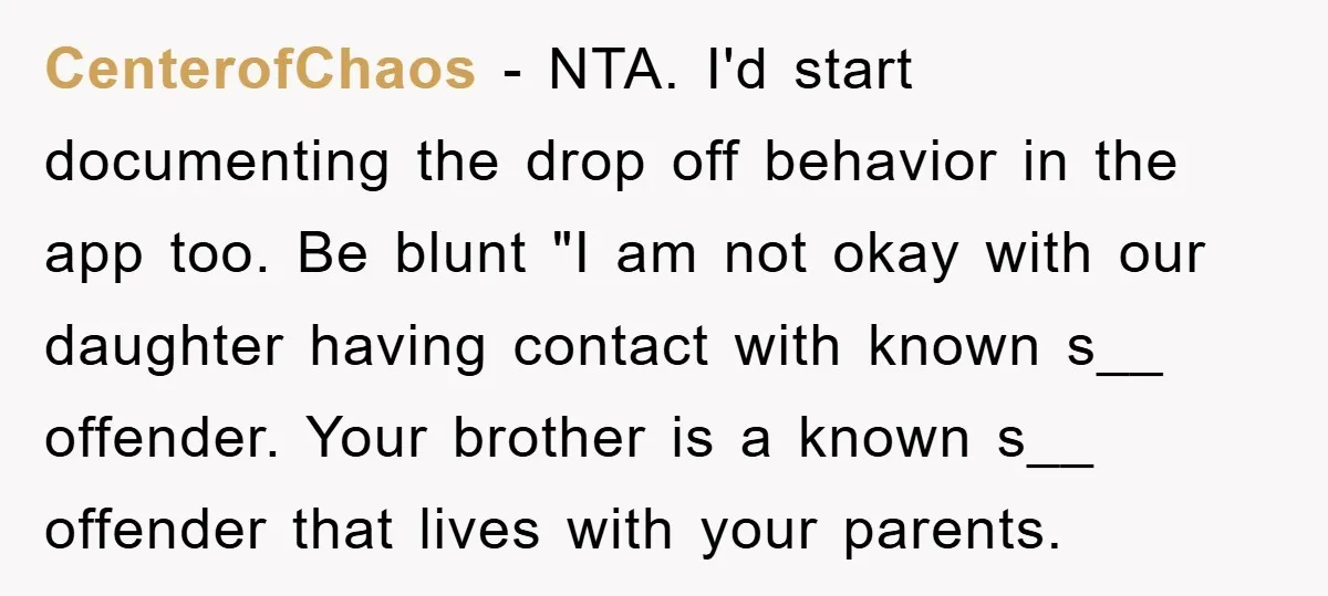 CenterofChaos − NTA. I'd start documenting the drop off behavior in the app too. Be blunt "I am not okay with our daughter having contact with known s__ offender. Your...