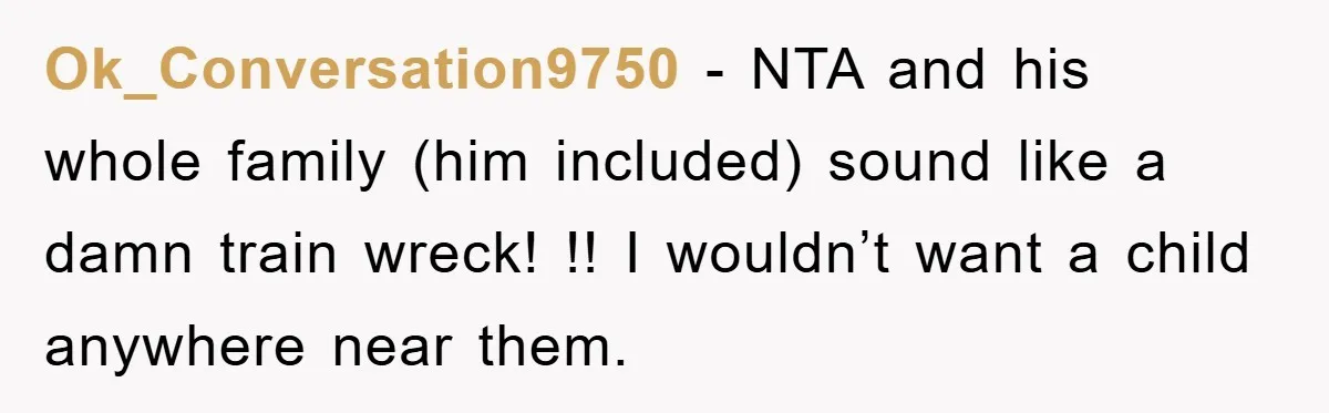 Ok_Conversation9750 − NTA and his whole family (him included) sound like a damn train wreck! !! I wouldn’t want a child anywhere near them.