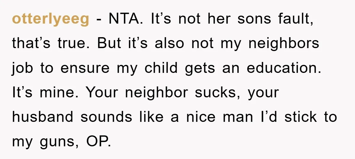 otterlyeeg − NTA. It’s not her sons fault, that’s true. But it’s also not my neighbors job to ensure my child gets an education. It’s mine. Your neighbor sucks, your...
