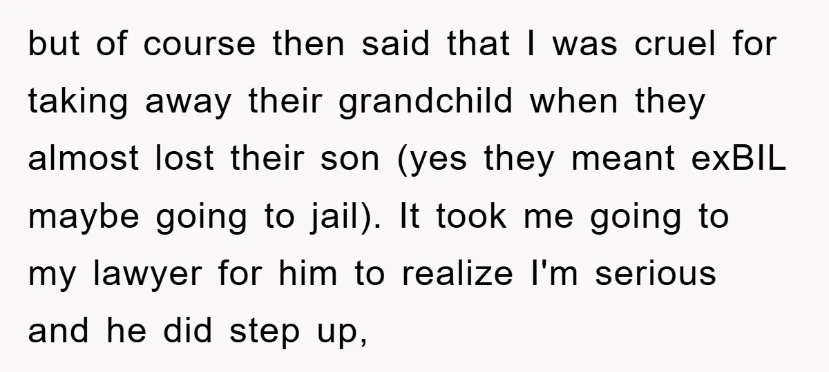 but of course then said that I was cruel for taking away their grandchild when they almost lost their son (yes they meant exBIL maybe going to jail). It took...