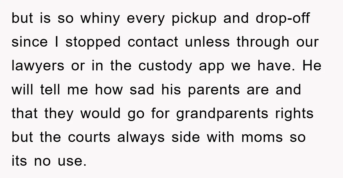 but is so whiny every pickup and drop-off since I stopped contact unless through our lawyers or in the custody app we have. He will tell me how sad his...