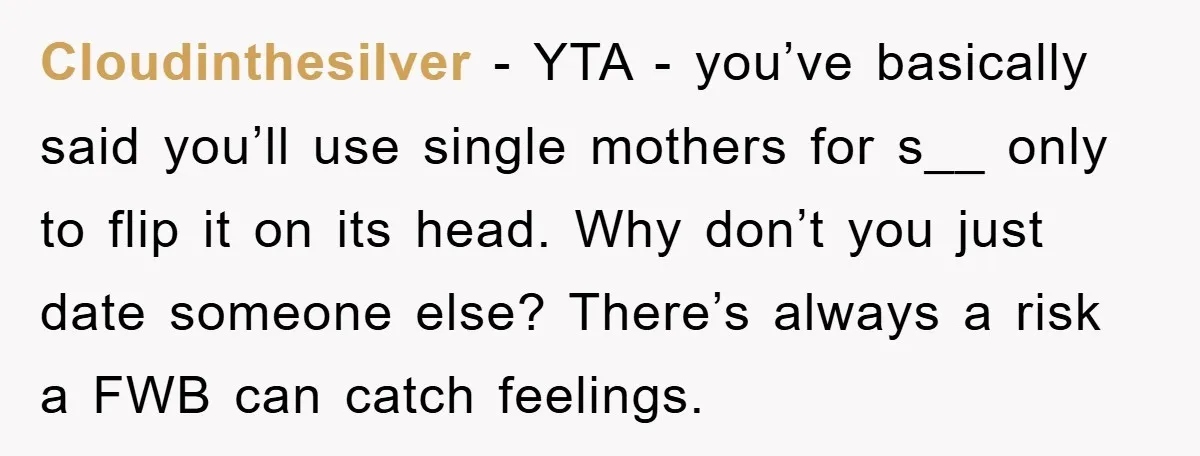 Cloudinthesilver − YTA - you’ve basically said you’ll use single mothers for s__ only to flip it on its head. Why don’t you just date someone else? There’s always a...