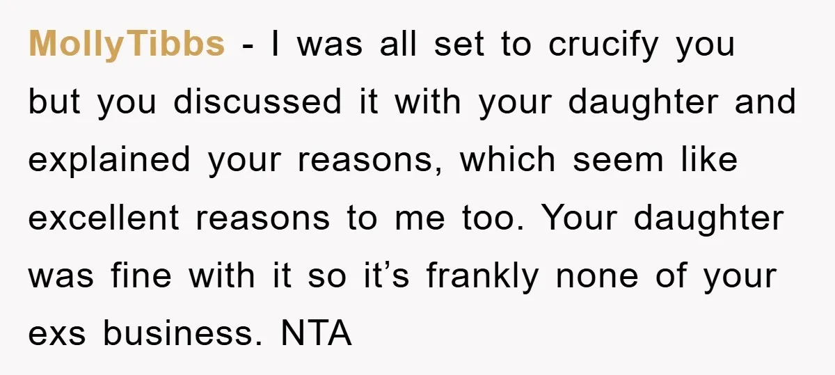 MollyTibbs − I was all set to crucify you but you discussed it with your daughter and explained your reasons, which seem like excellent reasons to me too. Your daughter...