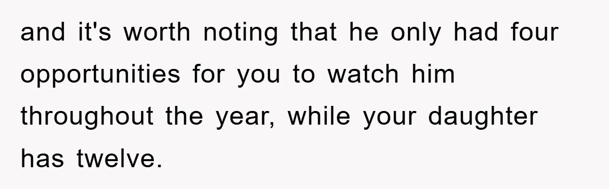 and it's worth noting that he only had four opportunities for you to watch him throughout the year, while your daughter has twelve.