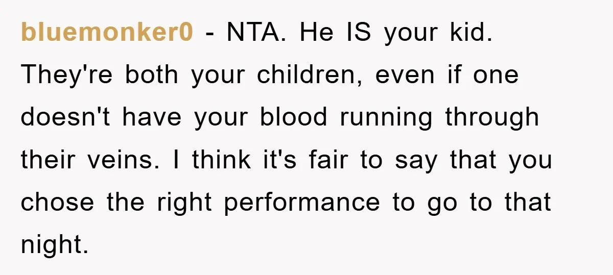 bluemonker0 − NTA. He IS your kid. They're both your children, even if one doesn't have your blood running through their veins. I think it's fair to say that you...