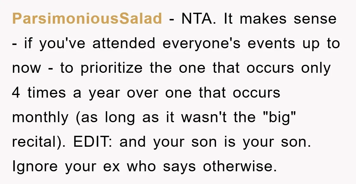 ParsimoniousSalad − NTA. It makes sense - if you've attended everyone's events up to now - to prioritize the one that occurs only 4 times a year over one that...