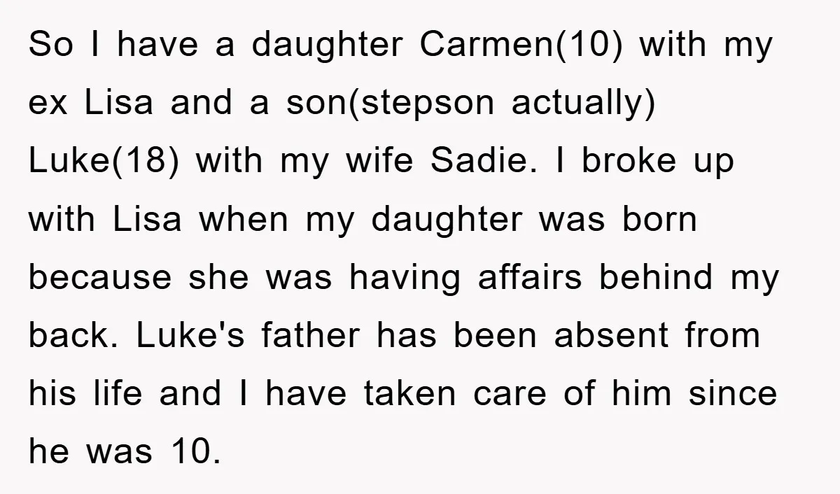 So I have a daughter Carmen(10) with my ex Lisa and a son(stepson actually) Luke(18) with my wife Sadie. I broke up with Lisa when my daughter was born because...