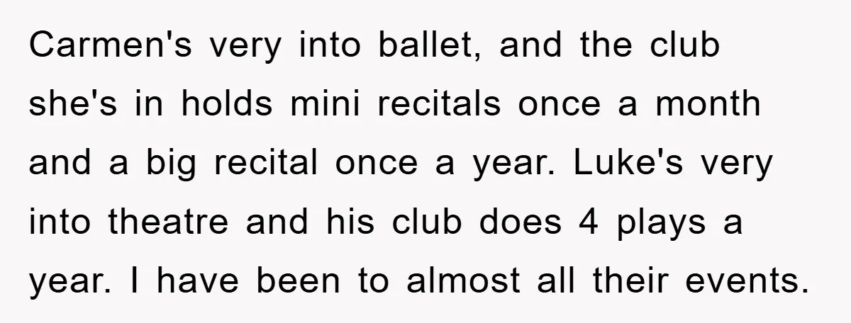 Carmen's very into ballet, and the club she's in holds mini recitals once a month and a big recital once a year. Luke's very into theatre and his club does...