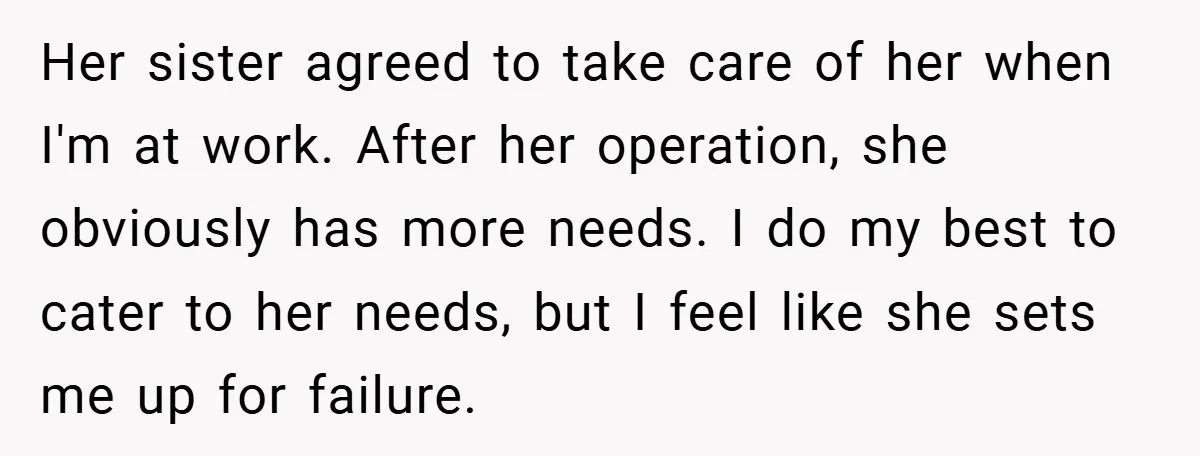 Her sister agreed to take care of her when I'm at work. After her operation, she obviously has more needs. I do my best to cater to her needs, but...