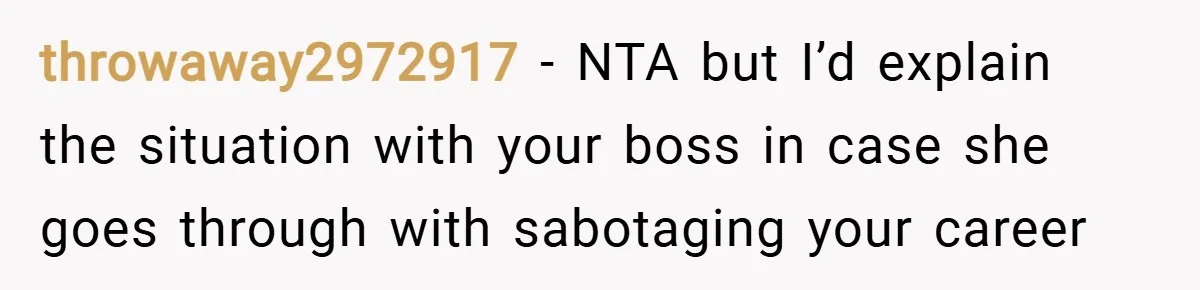 throwaway2972917 − NTA but I’d explain the situation with your boss in case she goes through with sabotaging your career