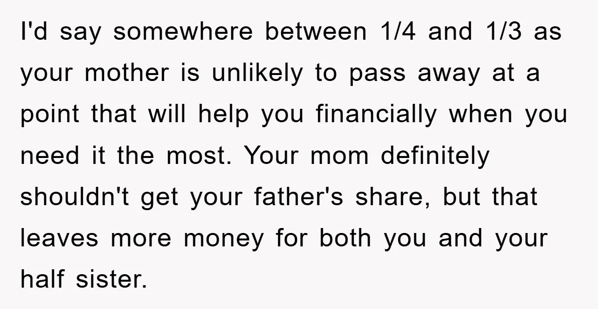 I'd say somewhere between 1/4 and 1/3 as your mother is unlikely to pass away at a point that will help you financially when you need it the most. Your...