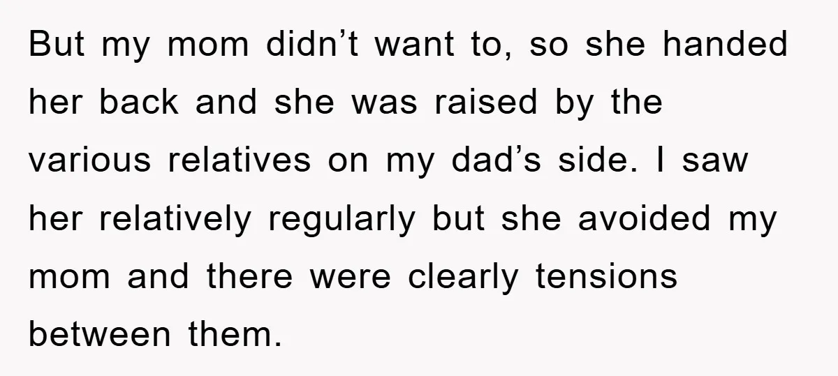 But my mom didn’t want to, so she handed her back and she was raised by the various relatives on my dad’s side. I saw her relatively regularly but she...