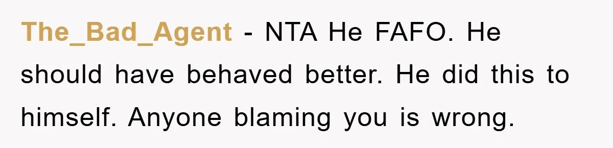 The_Bad_Agent − NTA He FAFO. He should have behaved better. He did this to himself. Anyone blaming you is wrong.