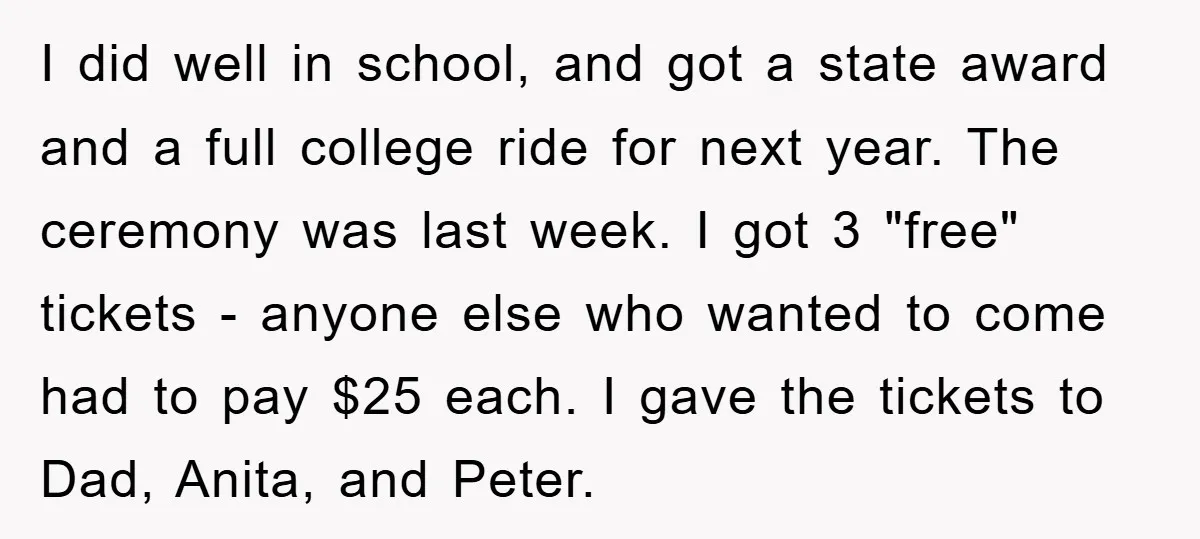 I did well in school, and got a state award and a full college ride for next year. The ceremony was last week. I got 3 "free" tickets - anyone...