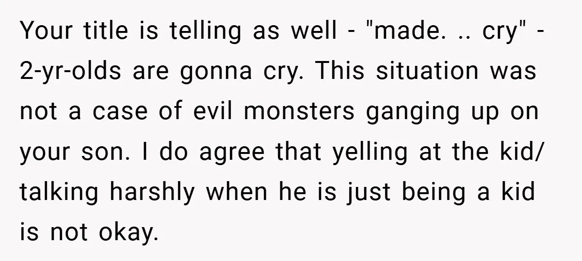 Your title is telling as well - "made. .. cry" - 2-yr-olds are gonna cry. This situation was not a case of evil monsters ganging up on your son. I...