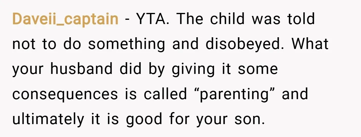 Daveii_captain − YTA. The child was told not to do something and disobeyed. What your husband did by giving it some consequences is called “parenting” and ultimately it is good...