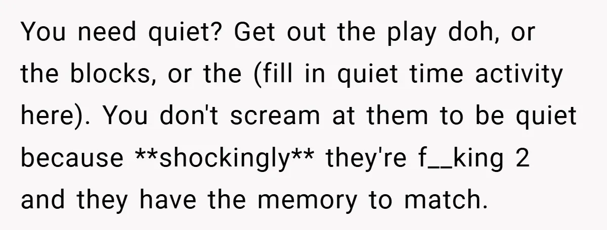 You need quiet? Get out the play doh, or the blocks, or the (fill in quiet time activity here). You don't scream at them to be quiet because **shockingly** they're...
