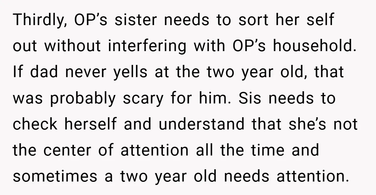 Thirdly, OP’s sister needs to sort her self out without interfering with OP’s household. If dad never yells at the two year old, that was probably scary for him. Sis...