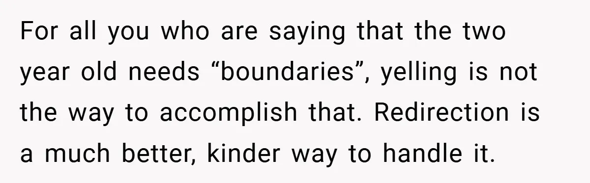 For all you who are saying that the two year old needs “boundaries”, yelling is not the way to accomplish that. Redirection is a much better, kinder way to handle...