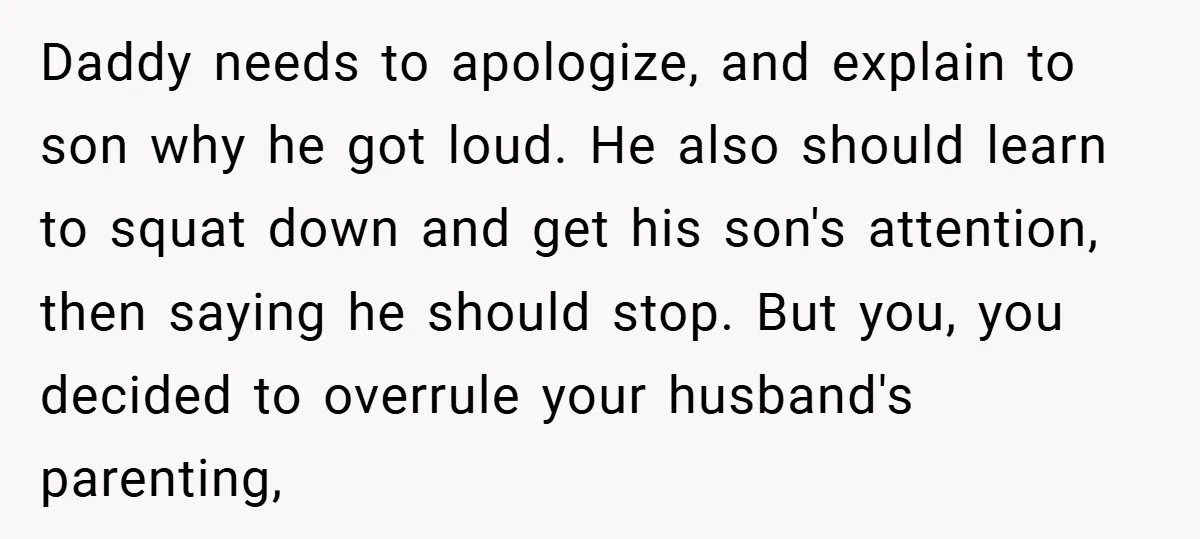 Daddy needs to apologize, and explain to son why he got loud. He also should learn to squat down and get his son's attention, then saying he should stop. But...