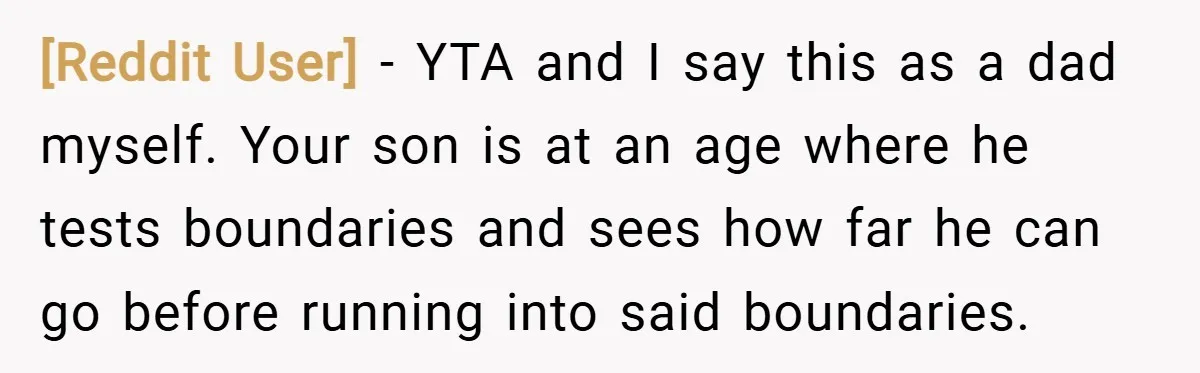 [Reddit User] − YTA and I say this as a dad myself. Your son is at an age where he tests boundaries and sees how far he can go before...