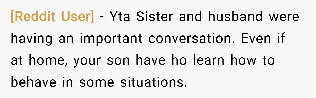 [Reddit User] − Yta Sister and husband were having an important conversation. Even if at home, your son have ho learn how to behave in some situations.