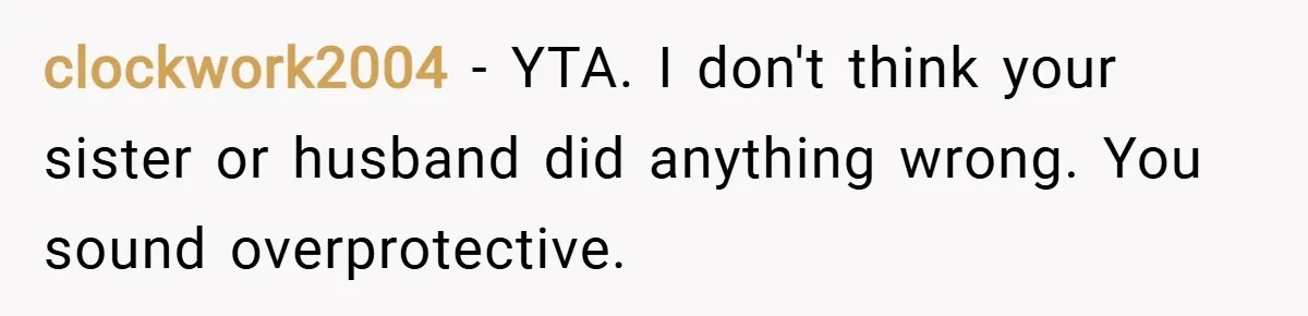 clockwork2004 − YTA. I don't think your sister or husband did anything wrong. You sound overprotective.