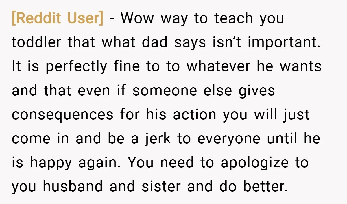[Reddit User] − Wow way to teach you toddler that what dad says isn’t important. It is perfectly fine to to whatever he wants and that even if someone else...