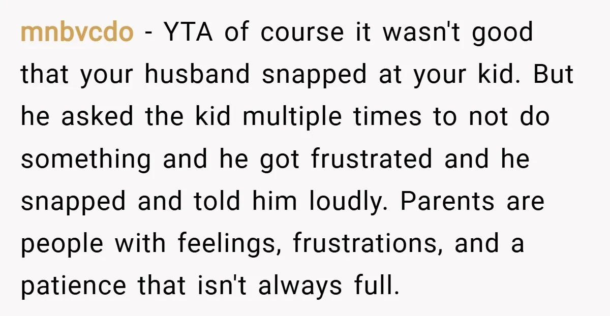 mnbvcdo − YTA of course it wasn't good that your husband snapped at your kid. But he asked the kid multiple times to not do something and he got frustrated...