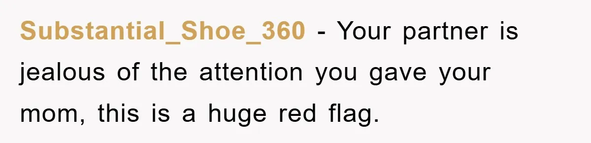 Substantial_Shoe_360 − Your partner is jealous of the attention you gave your mom, this is a huge red flag.