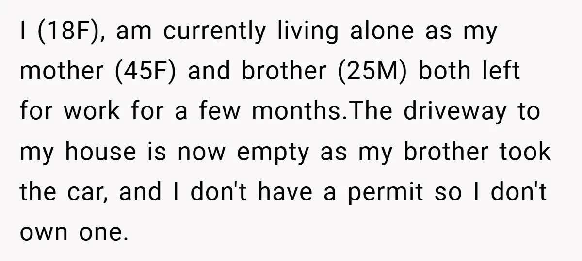 I (18F), am currently living alone as my mother (45F) and brother (25M) both left for work for a few months.The driveway to my house is now empty as my...