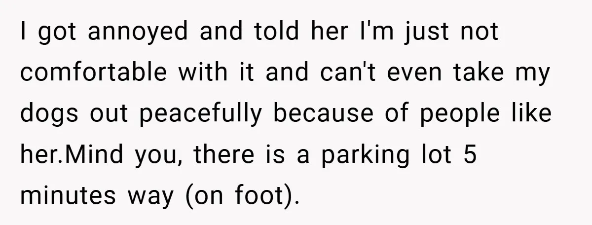 I got annoyed and told her I'm just not comfortable with it and can't even take my dogs out peacefully because of people like her.Mind you, there is a parking...