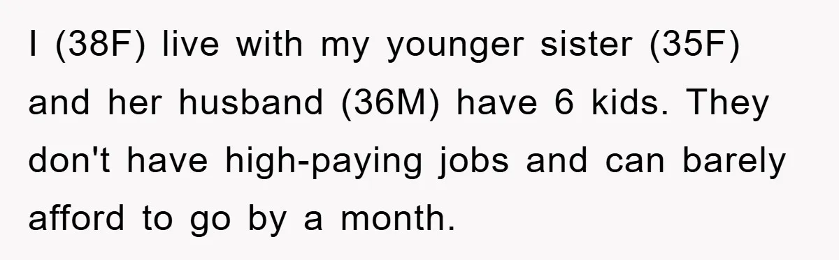 I (38F) live with my younger sister (35F) and her husband (36M) have 6 kids. They don't have high-paying jobs and can barely afford to go by a month.