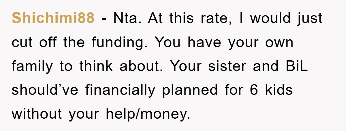 Shichimi88 − Nta. At this rate, I would just cut off the funding. You have your own family to think about. Your sister and BiL should’ve financially planned for 6...