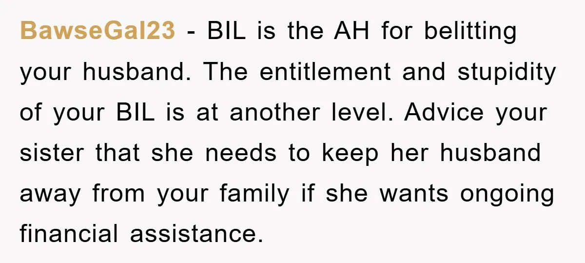 BawseGal23 − BIL is the AH for belitting your husband. The entitlement and stupidity of your BIL is at another level. Advice your sister that she needs to keep her...