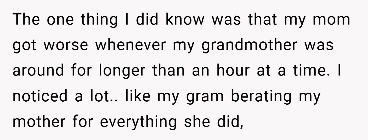 The one thing I did know was that my mom got worse whenever my grandmother was around for longer than an hour at a time. I noticed a lot.. like...