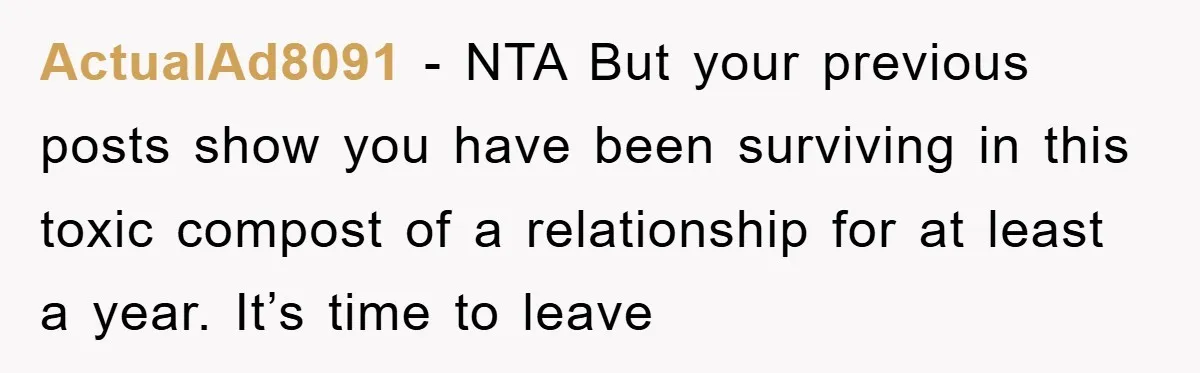 ActualAd8091 − NTA But your previous posts show you have been surviving in this toxic compost of a relationship for at least a year. It’s time to leave
