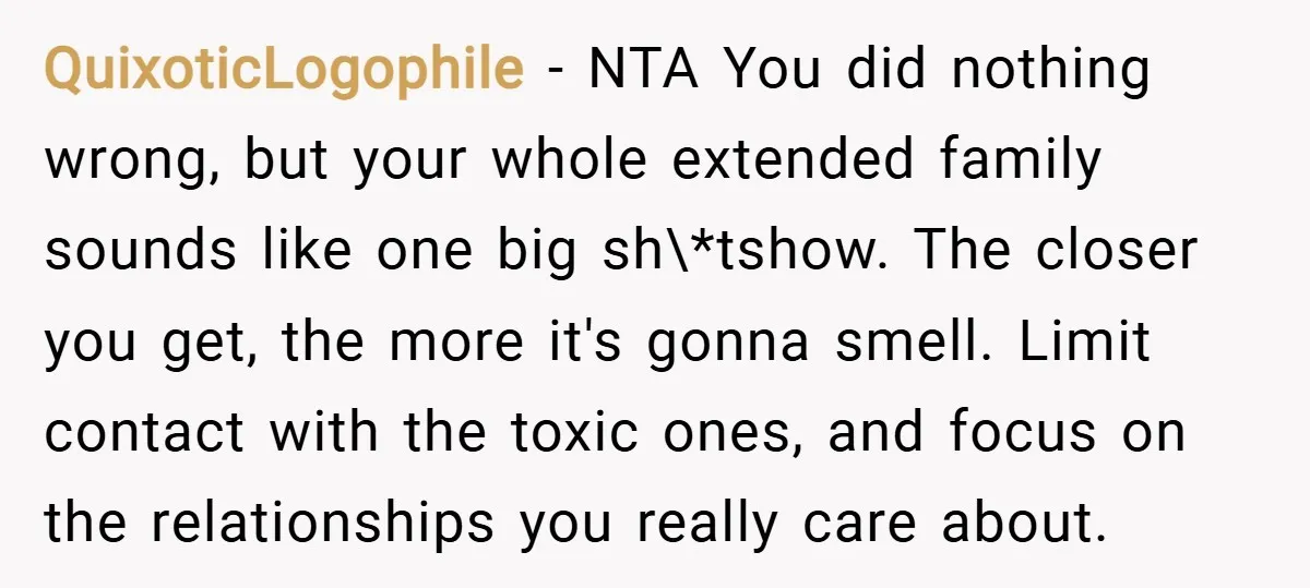QuixoticLogophile − NTA You did nothing wrong, but your whole extended family sounds like one big sh\*tshow. The closer you get, the more it's gonna smell. Limit contact with the...