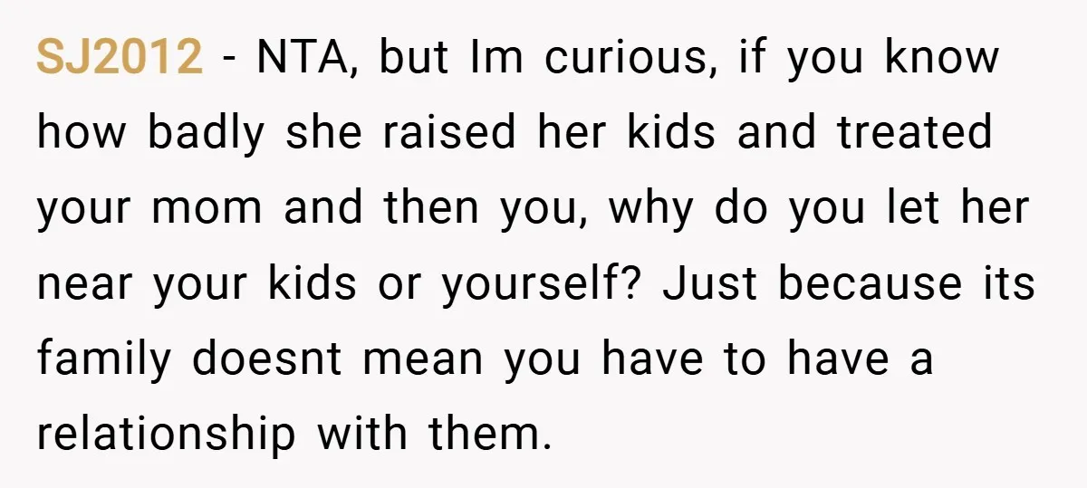 SJ2012 − NTA, but Im curious, if you know how badly she raised her kids and treated your mom and then you, why do you let her near your kids...